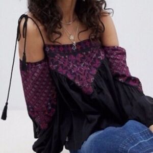 Free People Top XS Embroidered Vacay Vibin Boho Tassel Babydoll Cotton Hippie